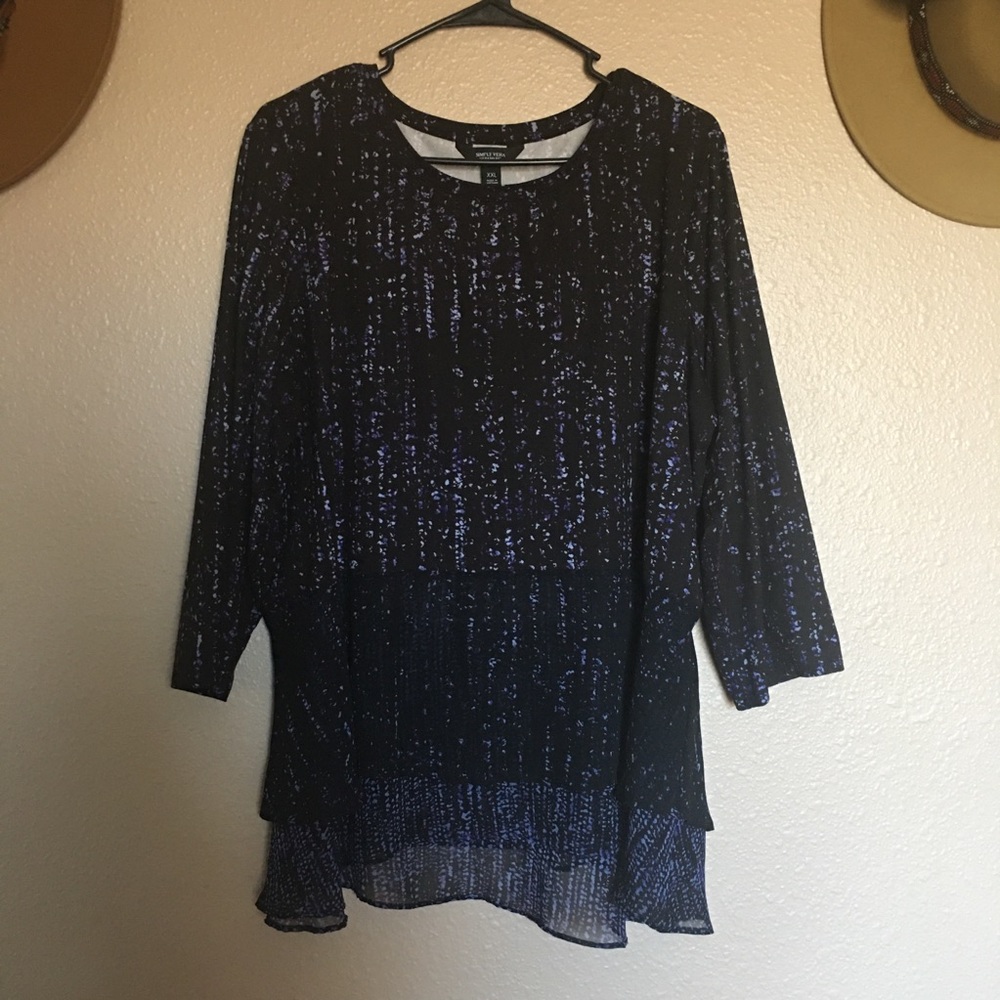 Simply Vera Plus Women’s Black & Purple Mixed Pattern Layered Ruffled Blouse